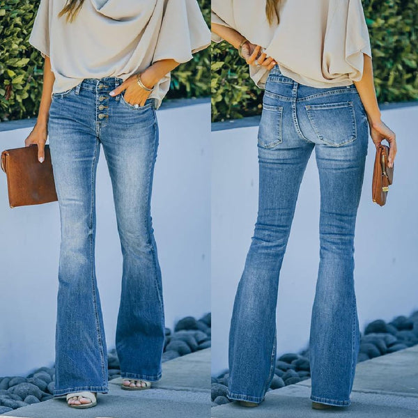 90er Vintage Jeans mit Knopfleiste und hoher Taille und ausgestelltem Bein 