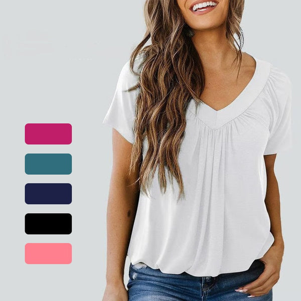 🎁Vente chaude -50 %⏳Haut décontracté plissé à manches courtes et col en V pour femme